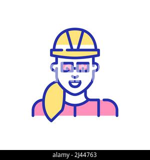 Bauingenieurin oder -Managerin. Frau mit Schutzhelm und Brille. Pixel perfekte, bearbeitbare Kontur Spaß Farbsymbol Stock Vektor