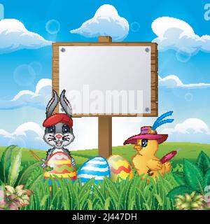 Frohes osterhasen und Küken mit leerem Schild auf dem Feld Stock Vektor