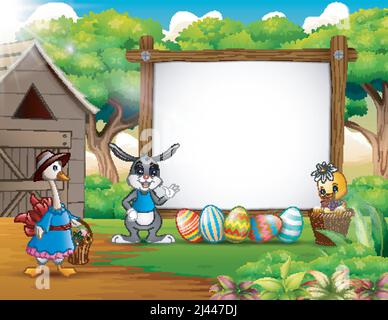 Frohe ostern mit Holzschild und vielen Tieren auf dem Bauernhof Stock Vektor