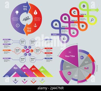 Prozess- und Vergleichsdiagramme gesetzt. Kann für Webdesign, Workflow-Layout und Jahresberichte verwendet werden. Geschäftskonzept. Zyklus Ringdiagramm Optionendiagramm Flo Stock Vektor