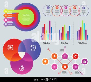 Design-Set für Präsentationen. Kann für Präsentationen, Jahresberichte und Statistikinformationen verwendet werden. Geschäfts- und Marketingkonzept. Prozessdiagramm Venn Proc Stock Vektor