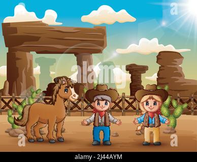 Cartoon Cowboy und Cowgirl mit einem Pferd in der Wüste Stock Vektor