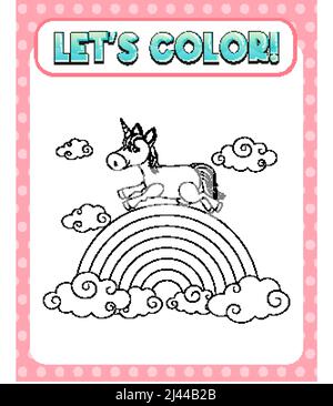 Arbeitsblätter Vorlage mit Farbdauer! Text und Einhorn-Darstellung Stock Vektor