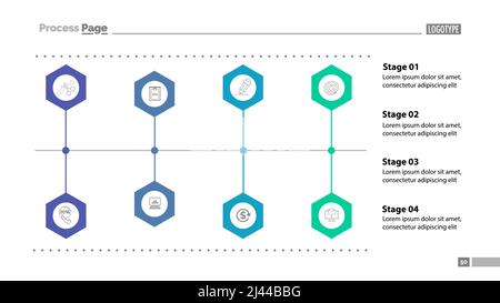 Folienvorlage für das Flussdiagramm mit vier Stufen. Diagramm, Flussdiagramm, Infografik. Konzept für Präsentation, Vorlagen, Jahresberichte. Kann für Themen verwendet werden li Stock Vektor