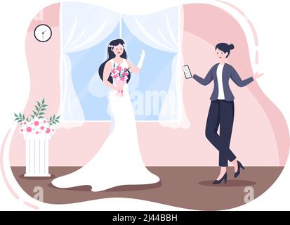 Hochzeitsorganisator, der Dekorationsdienst bereitstellt oder Pläne vor der Hochzeit in flachem Hintergrund erstellt, Cartoon Style Illustration Stock Vektor