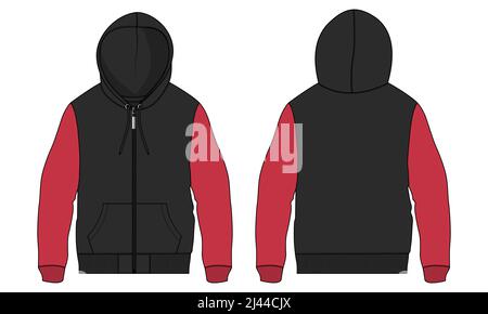 Zweifarbige Langarm Hoodie technische Mode flache Skizze Vektor Illustration Vorlage Vorder-und Rückseite Ansichten isoliert auf weißem Hintergrund. Stock Vektor