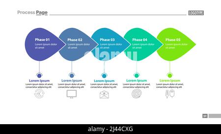 Folienvorlage für fünf Phasen des Prozessdiagramms. Element des Plans, der Strategie, des Diagramms. Konzept für Präsentation, Vorlagen, Geschäftsbericht. Kann für Themen verwendet werden Stock Vektor