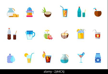 Verschiedene erfrischende Getränke Icon Set. Coconut Cocktail Tasty Cuba Libre Drink Flasche und Glas mit Cola Water Dispenser Orangensaft Milch Sommergetränk Stock Vektor