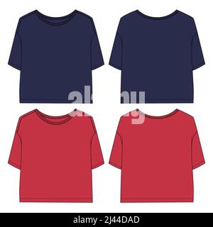 t-Shirt insgesamt technische Mode flach Skizze Vorlage für Damen. Bekleidung Baumwoll-Jersey Vektor Illustration Zeichnung Modell vorne, Ansichten. Kleidung t Stock Vektor