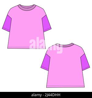 t-Shirt insgesamt technische Mode flach Skizze Vorlage für Damen. Bekleidung Baumwoll-Jersey Vektor Illustration Zeichnung Modell vorne, Ansichten. Kleidung t Stock Vektor