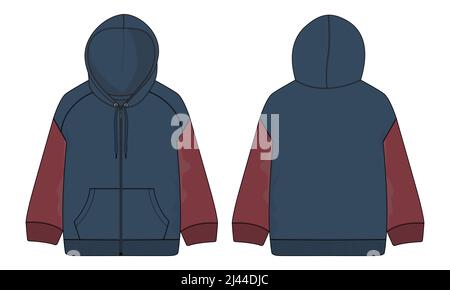 Zweifarbige Langarm Hoodie technische Mode flache Skizze Vektor Illustration Vorlage Vorder-und Rückseite Ansichten isoliert auf weißem Hintergrund. Stock Vektor