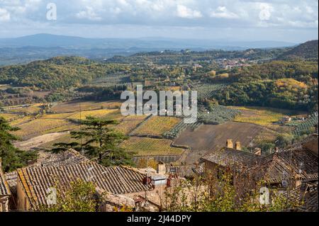 Blick auf alte Dächer, Hügel und Weinberge von der Altstadt Montepulciano, Toskana, Herbst in Italien Stockfoto