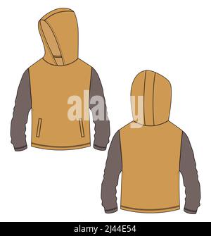 Zweifarbige Langarm Hoodie technische Mode flache Skizze Vektor Illustration Vorlage Vorder-und Rückseite Ansichten isoliert auf weißem Hintergrund. Stock Vektor