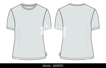 Regular Fit Kurzarm-T-Shirt technische Sketch Mode flache Vorlage mit rundem Ausschnitt. Vektor Illustration Basic Bekleidung Design vorne und hinten V Stock Vektor