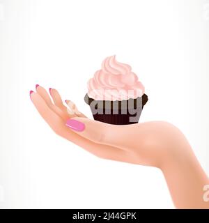 Realistische Illustration von Cameo rosa Cupcake auf Frau Handfläche. Kochen, leckeres Dessert, behandeln. Konzept der Feier. Designelement für Grußkarte Stock Vektor