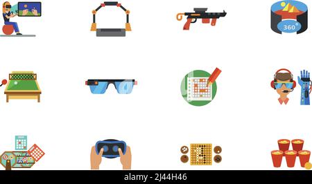 Cyberspace-Symbolsatz. Frau Gaming Platform Gun Virtual Reality Konzept Tischtennis Smart Glasses Sea Battle Bionic Arm Lotterie Virtual Reality Headse Stock Vektor