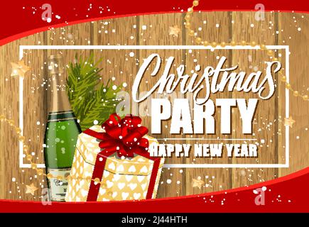 Weihnachtsfeier Happy New Year Schriftzug im Rahmen. Weihnachtseinladung mit Champagner-Flasche und Geschenkbox. Handgeschriebener und getippte Text, Kalligraphie. F Stock Vektor