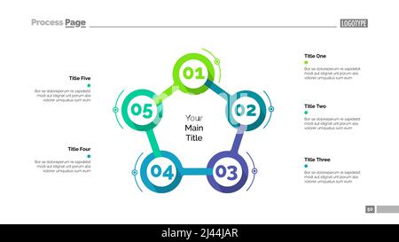 Ablaufdiagramm mit fünf Elementen. Schrittdiagramm, Optionsdiagramm, Layout. Kreatives Konzept für Infografiken, Präsentation, Projekt, Bericht. Kann verwendet werden Stock Vektor