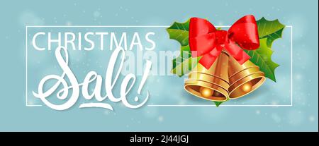 Christmas Sale Schriftzug mit zwei Glocken. Handgeschriebener und getippte Text, Kalligraphie. Für Poster, Banner, Broschüren und Broschüren. Stock Vektor