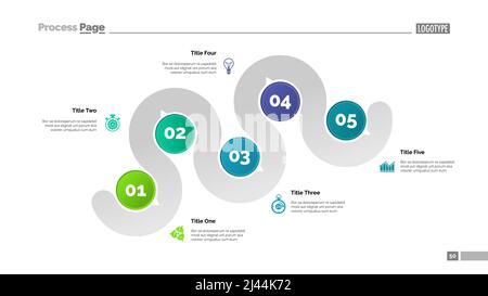 Vorlage für die Folie „fünf Punkte“ für das Prozessdiagramm. Geschäftsdaten. Schritt, Infotafel, Design. Kreatives Konzept für Infografik, Präsentation, Bericht. Kann verwendet werden Stock Vektor