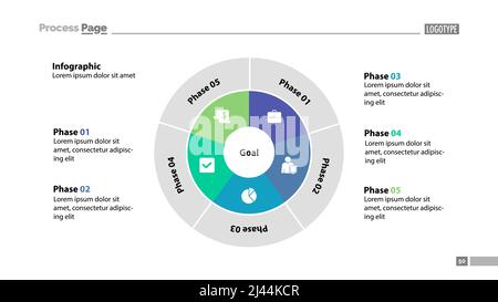 Folienvorlage für fünf Sektoren Prozessdiagramm. Geschäftsdaten. Ziel, Kreis, Design. Kreatives Konzept für Infografik, Präsentation, Bericht. Kann verwendet werden für Stock Vektor