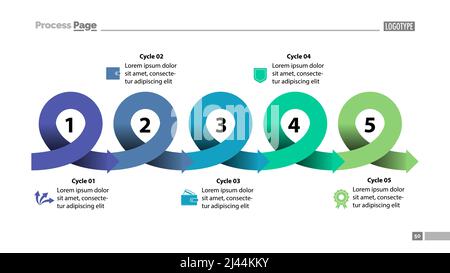 Vorlage für die Folie „fünf Punkte“ für das Prozessdiagramm. Geschäftsdaten. Schema, Diagramm, Design. Kreatives Konzept für Infografik, Präsentation, Bericht. Kann verwendet werden Stock Vektor