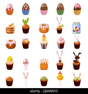 Set mit Osterbonbons Eier, Cupcake, Vogel, Hase, Bonbons, Kuchen, Lutscher, Süßigkeitenglas. Sammlung von süßen Lebensmitteln, Schokolade Kaninchen Stock Vektor