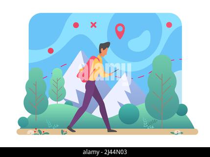 Mann genießt Wandern und Klettern gesunde Aktivität. Trekking-Aktivwanderwege mit Wanderfreizeit Stock Vektor