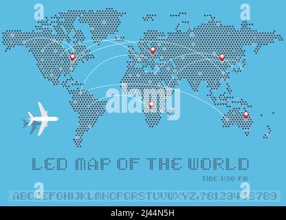 Weltkarte mit Punkten, Airline-Karte, englisches Alphabet in Großbuchstaben, Zahl, Vektordarstellung Stock Vektor