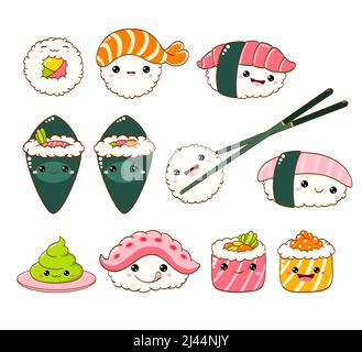 Eingestellt von Sushi und Rollen Symbole in kawaii Stil mit lächelnden Gesicht und rosa Wangen. Traditionelle japanische Küche. Temaki, Essstäbchen, Nigiri, Stock Vektor