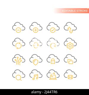 Vektorsymbole für Cloud-Datenspeicherung. Gliederungssymbole zum Hochladen und Herunterladen von Service-Sharing. Stock Vektor