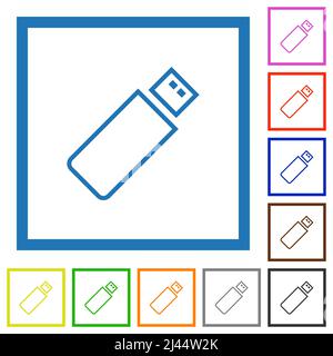 Pendrive umreißen flache Farbsymbole in quadratischen Rahmen auf weißem Hintergrund Stock Vektor