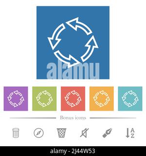 Drehen Sie flache weiße Symbole mit linker Kontur auf quadratischen Hintergründen. 6 Bonus-Symbole enthalten. Stock Vektor