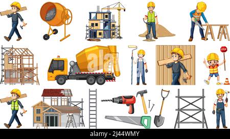 Satz von Baustellen Objekte und Arbeiter Illustration Stock Vektor