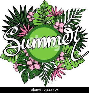 Banner zum Verkauf, Palmblatt-Poster, Dschungelblatt, exotische Blumen und Handschrift. Vektor von Hand in Doodle-Stil. Blumen tropischen Sommer Hintergrund Stock Vektor