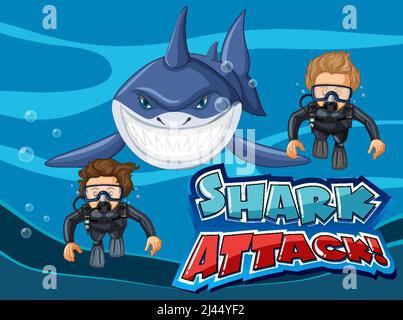 Schriftdesign für Hai Attack mit Taucher und Hai Illustration Stock Vektor