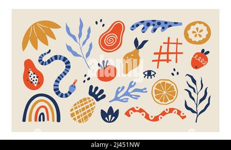 Bio-Blobs, tropische Früchte und Blätter im matisse-Stil. Set von trendigen Doodle abstrakten Elementen. Bundle mit natürlichen Formen, zufällige Freihand-matisse Stock Vektor