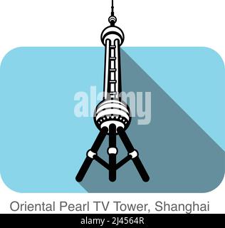 Oriental Pearl TV Tower, Shanghai, berühmtes Wahrzeichen flaches Icon-Design, berühmter landschaftlicher Ort Stock Vektor