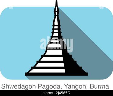 Shwedagon Pagode, Yangon, Burma, berühmtes Wahrzeichen flaches Icon Design, berühmter landschaftlich schöner Ort Stock Vektor