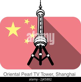 Oriental Pearl TV Tower, Shanghai, Wahrzeichen flaches Icon-Design, Hintergrund ist chinesische Nationalflagge, berühmter landschaftlicher Ort Stock Vektor