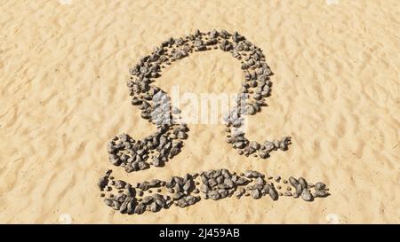 Konzept konzeptuelle Steine am Strand Sand handgemachte Symbolform, goldener sandiger Hintergrund, waage Tierkreiszeichen. 3D Illustration Symbol für esoterische, die m Stockfoto