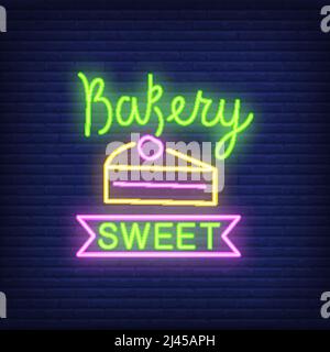 Süßes Neon-Schild für die Bäckerei. Kuchenscheibe mit Kirsche. Nächtliche Werbung. Vektor-Illustration im Neon-Stil für Candy Bar und Feier-Event Stock Vektor