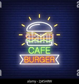 Cafe Burger Neonschild. Hamburger und Band Form auf Backstein Wand Hintergrund. Nächtliche Werbung. Vektorgrafik im Neon-Stil für schnelles Foo Stock Vektor