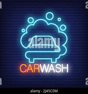 Autowäsche Neon Wort und Automobil in Schaum Logo. Neonschild, nächtliche Werbung, buntes Schild, Lichtbanner. Vektorgrafik in Neon st Stock Vektor