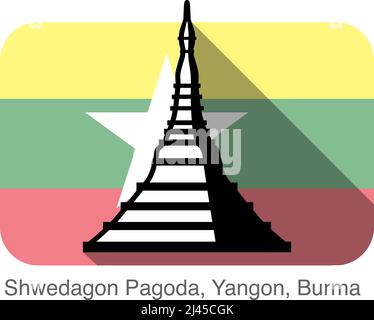 Shwedagon Pagode, Yangon, Burma, Wahrzeichen flaches Icon Design, Hintergrund ist Burma Nationalflagge, berühmter landschaftlich schöner Ort Stock Vektor