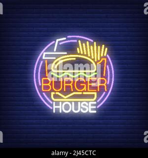 Neonschild Burger House. Hamburger, Pommes, Getränke zum Mitnehmen und runder Rahmen auf Backsteinwand. Nächtliche Werbung. Vektordarstellung in Stock Vektor