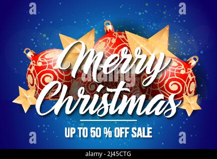 Frohe Weihnachten bis zu 50 % Rabatt Sale-Schriftzug mit Weihnachtskugeln und -Sternen. Handgeschriebener und getippte Text, Kalligraphie. Für Poster, Banner, Stock Vektor