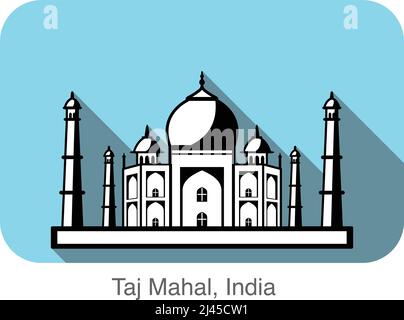 Taj Mahal, Indien, berühmtes Wahrzeichen flaches Icon-Design, berühmter landschaftlicher Ort Stock Vektor