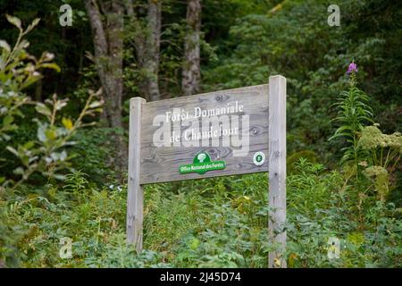 Chaudefour-Tal (Mittel-Südfrankreich): schild ÒPublic Wald von ChaudefourÓ Stockfoto