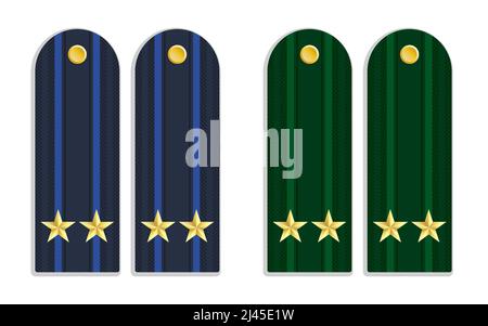 Blaue und grüne Schultergurte für Soldaten. Armee-Insignien der Marine- und Landstreitkräfte. Cartoon-Vektor auf weißem Hintergrund isoliert Stock Vektor